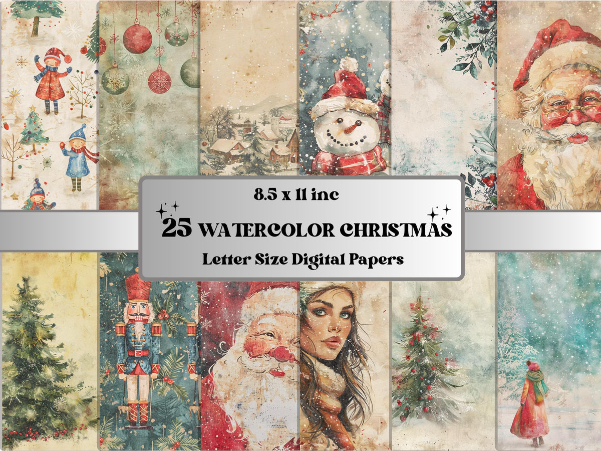 Printable Watercolor Christmas Journal Paper, Mixed Media Christmas Collage, Pastel Xmas Noel Pages, Download Junk Journal, Scrapbooking