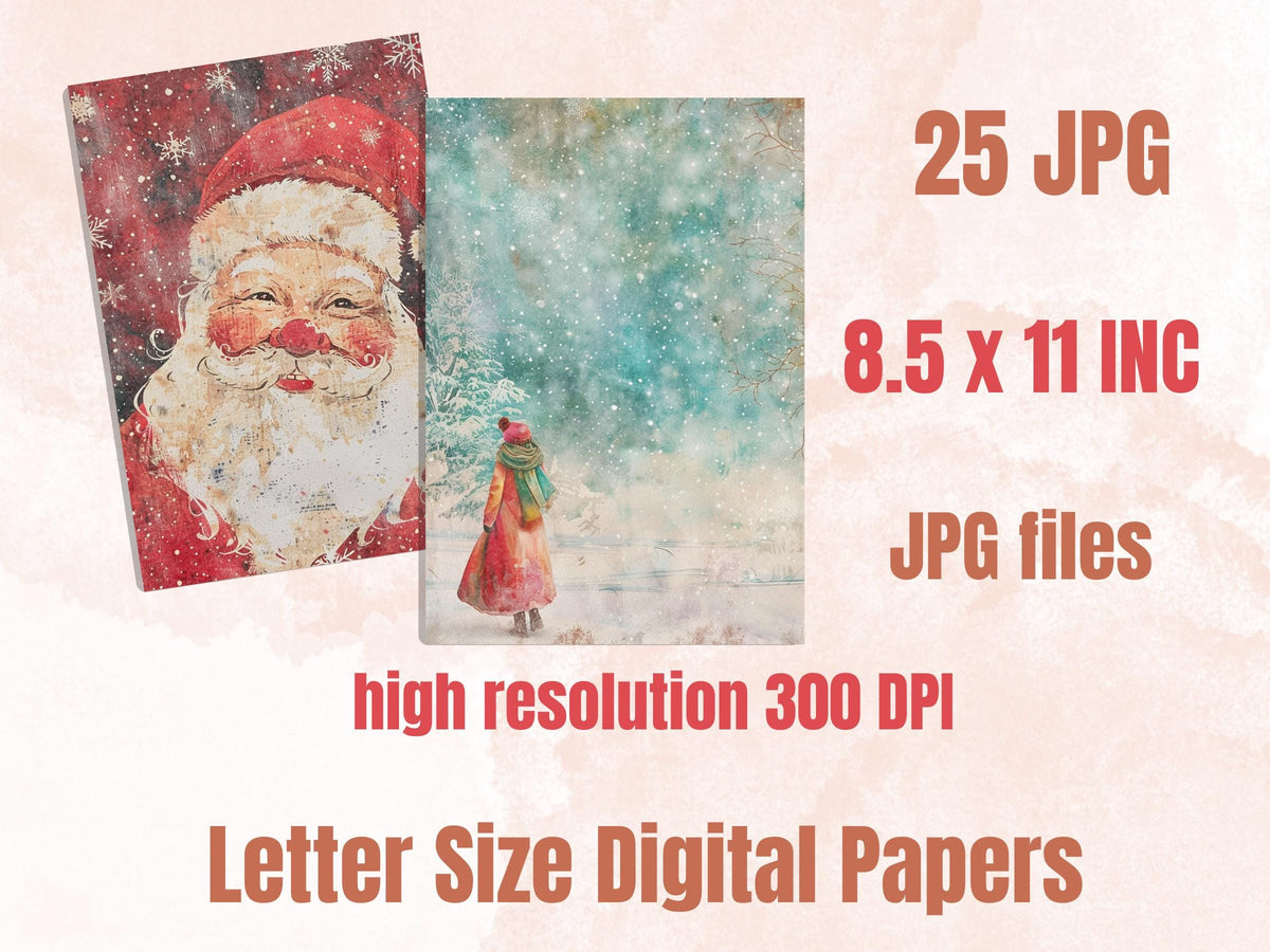 Printable Watercolor Christmas Journal Paper, Mixed Media Christmas Collage, Pastel Xmas Noel Pages, Download Junk Journal, Scrapbooking