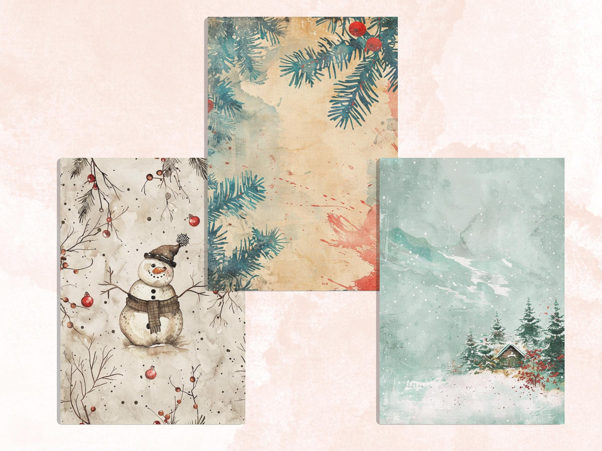 Printable Watercolor Christmas Journal Paper, Mixed Media Christmas Collage, Pastel Xmas Noel Pages, Download Junk Journal, Scrapbooking