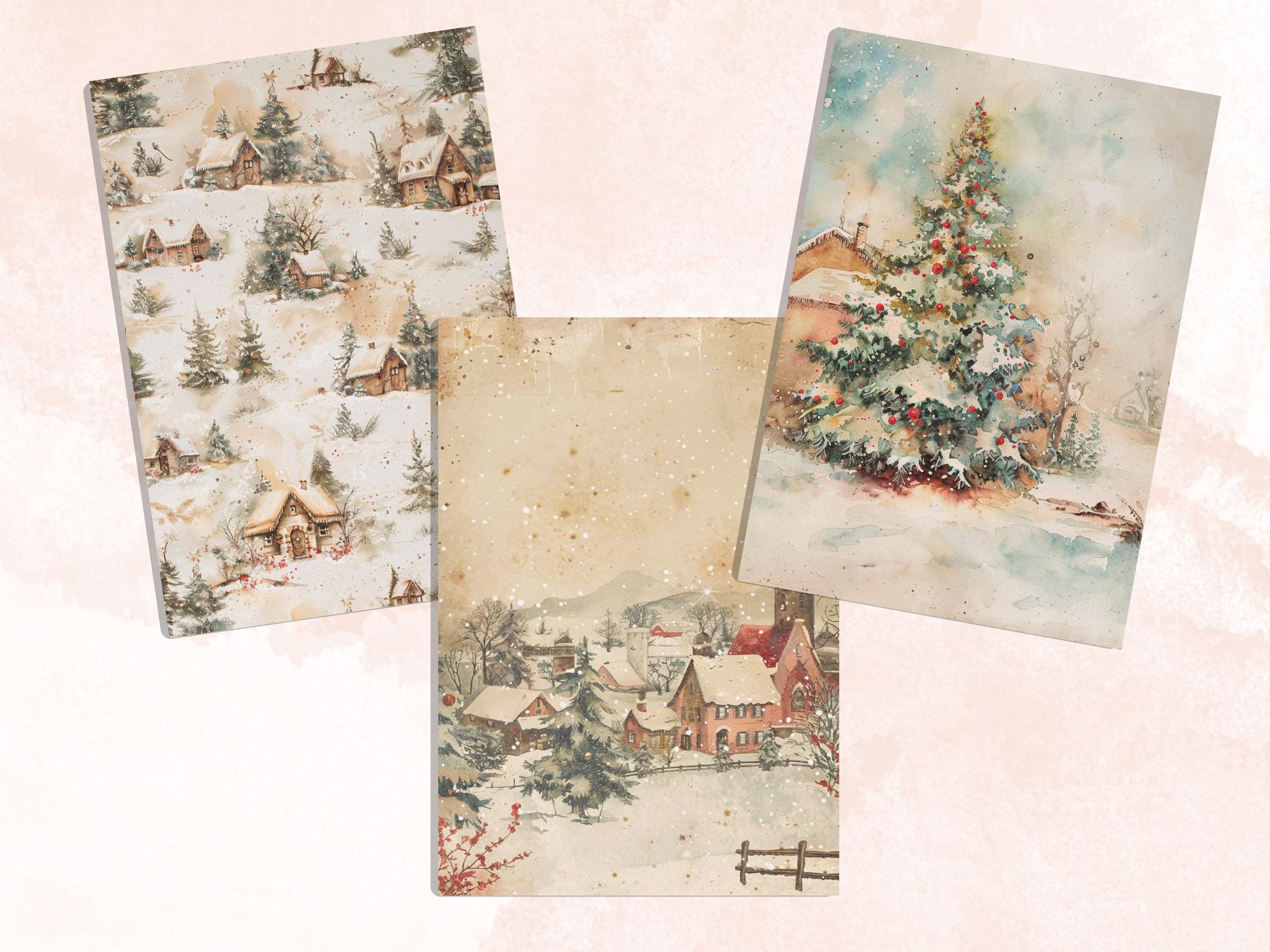 Printable Watercolor Christmas Journal Paper, Mixed Media Christmas Collage, Pastel Xmas Noel Pages, Download Junk Journal, Scrapbooking
