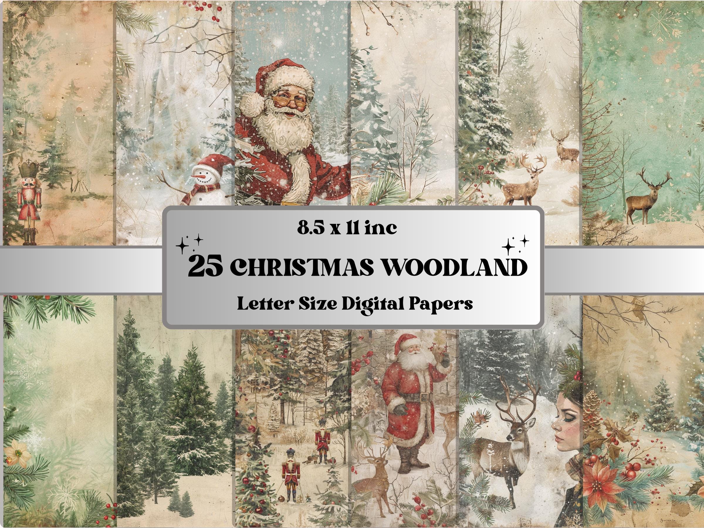Printable Christmas Woodland Journal Paper, Enchanted Christmas Forest Collage, Xmas Woodland Pages, Download Junk Journal, Scrapbooking