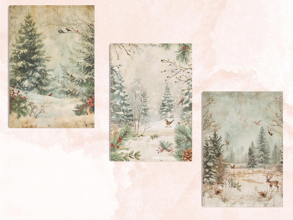 Printable Christmas Woodland Journal Paper, Enchanted Christmas Forest Collage, Xmas Woodland Pages, Download Junk Journal, Scrapbooking
