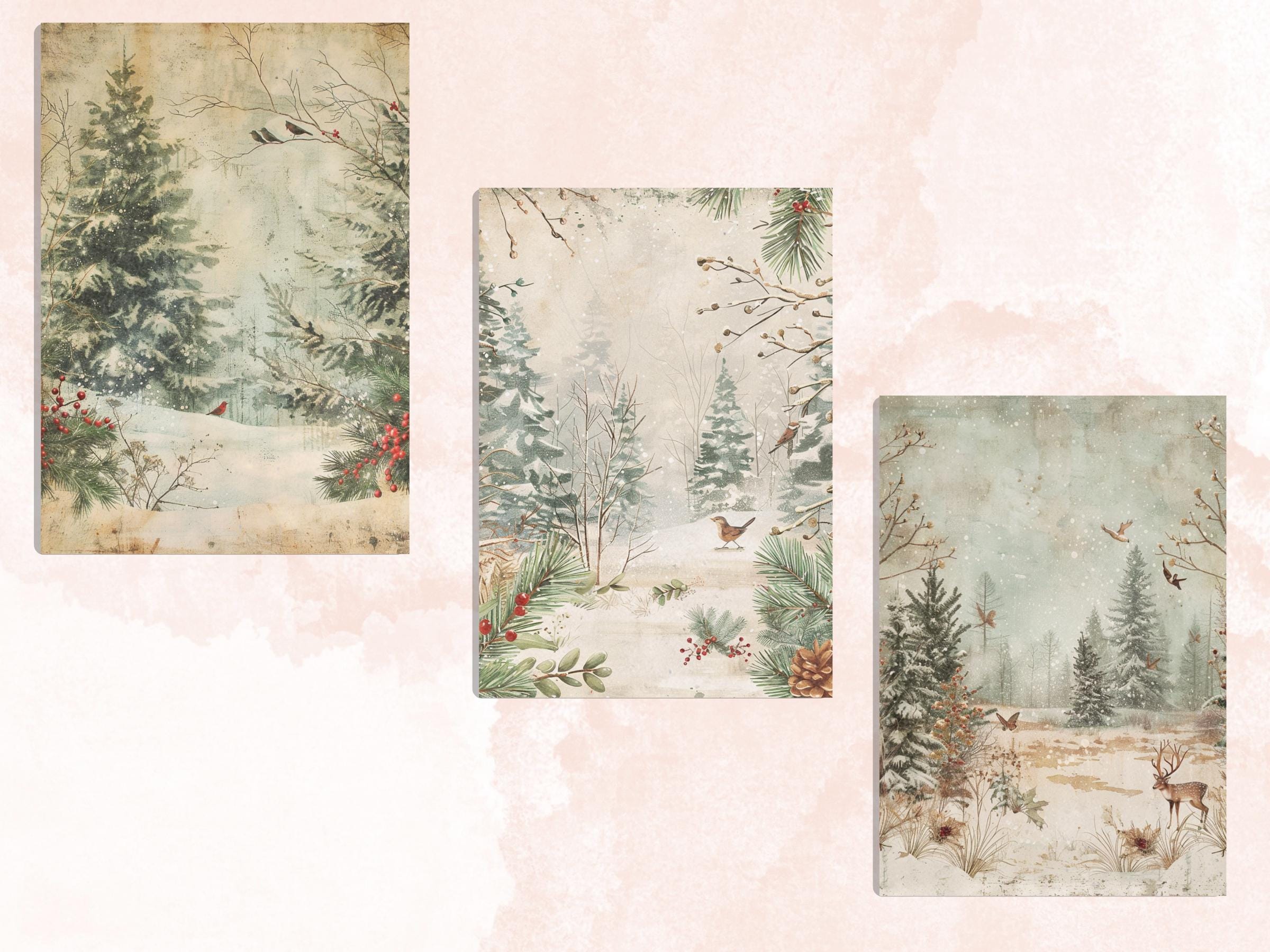 Printable Christmas Woodland Journal Paper, Enchanted Christmas Forest Collage, Xmas Woodland Pages, Download Junk Journal, Scrapbooking