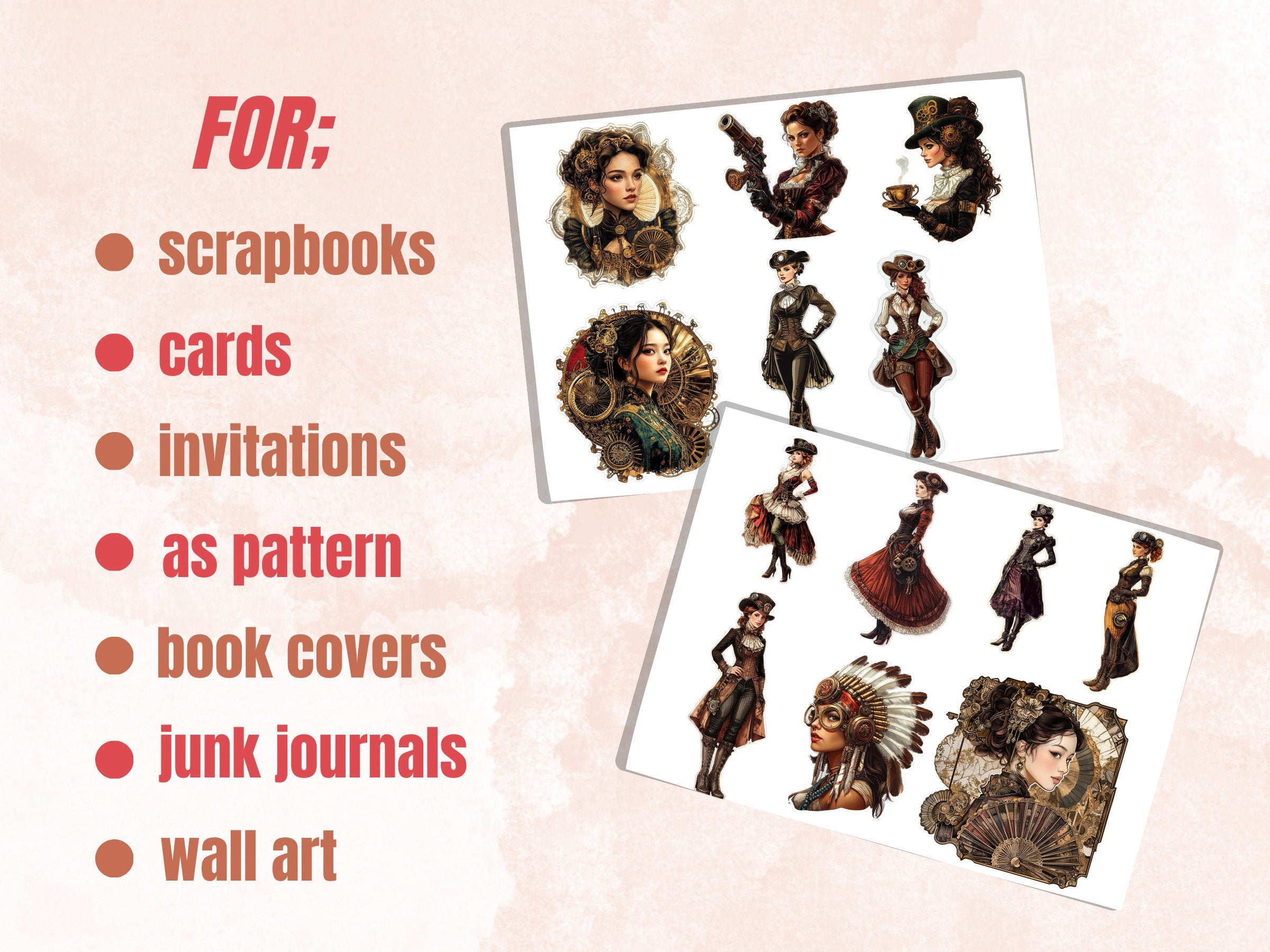 Whimsical Steampunk Lady Fussy Cut Pages, Vintage Woman Fussy Cut Ephemera Sheet, Steampunk Journal Add On Kit, Mixed Media Collage Sheet