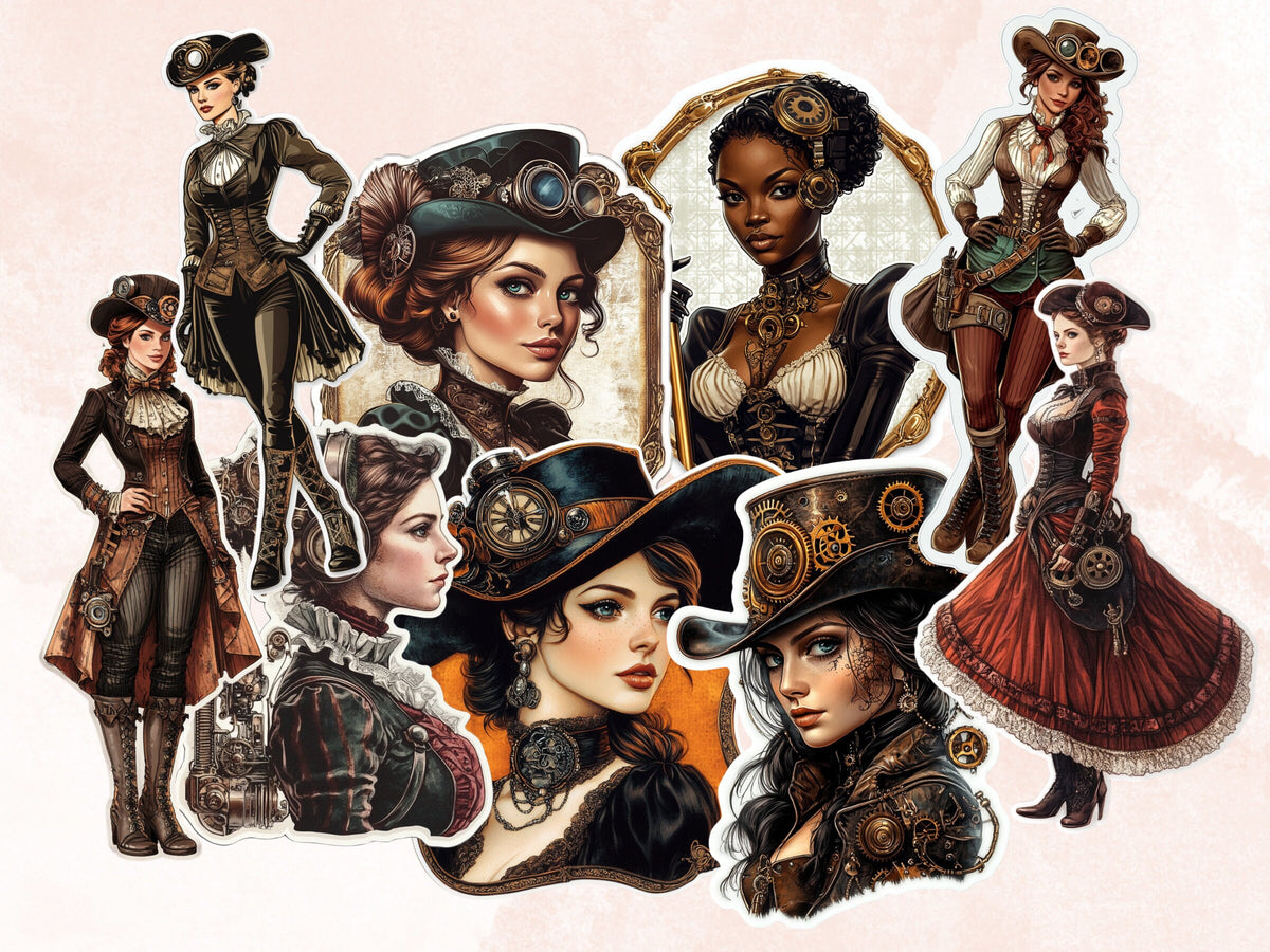 Whimsical Steampunk Lady Fussy Cut Pages, Vintage Woman Fussy Cut Ephemera Sheet, Steampunk Journal Add On Kit, Mixed Media Collage Sheet