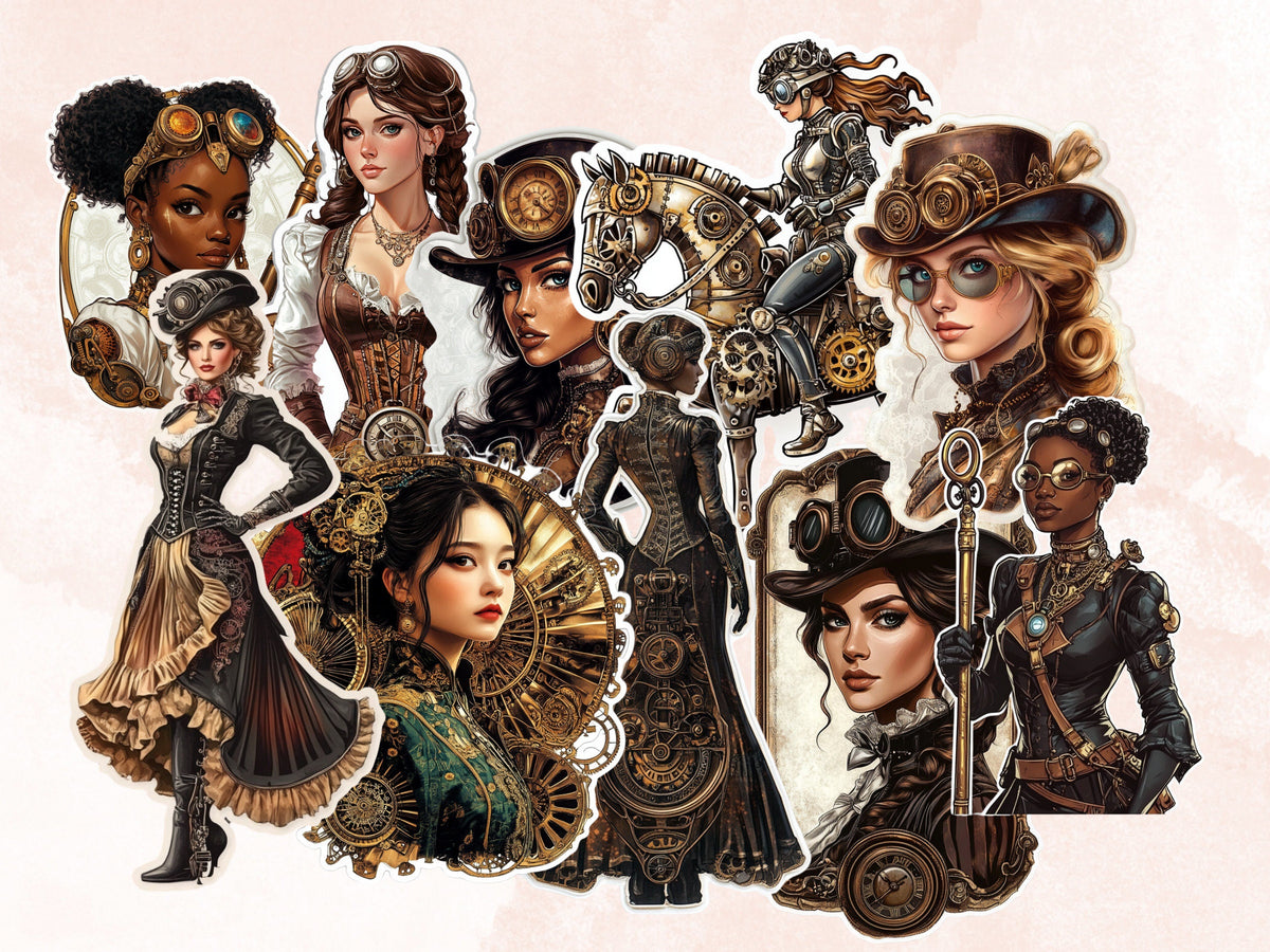 Whimsical Steampunk Lady Fussy Cut Pages, Vintage Woman Fussy Cut Ephemera Sheet, Steampunk Journal Add On Kit, Mixed Media Collage Sheet