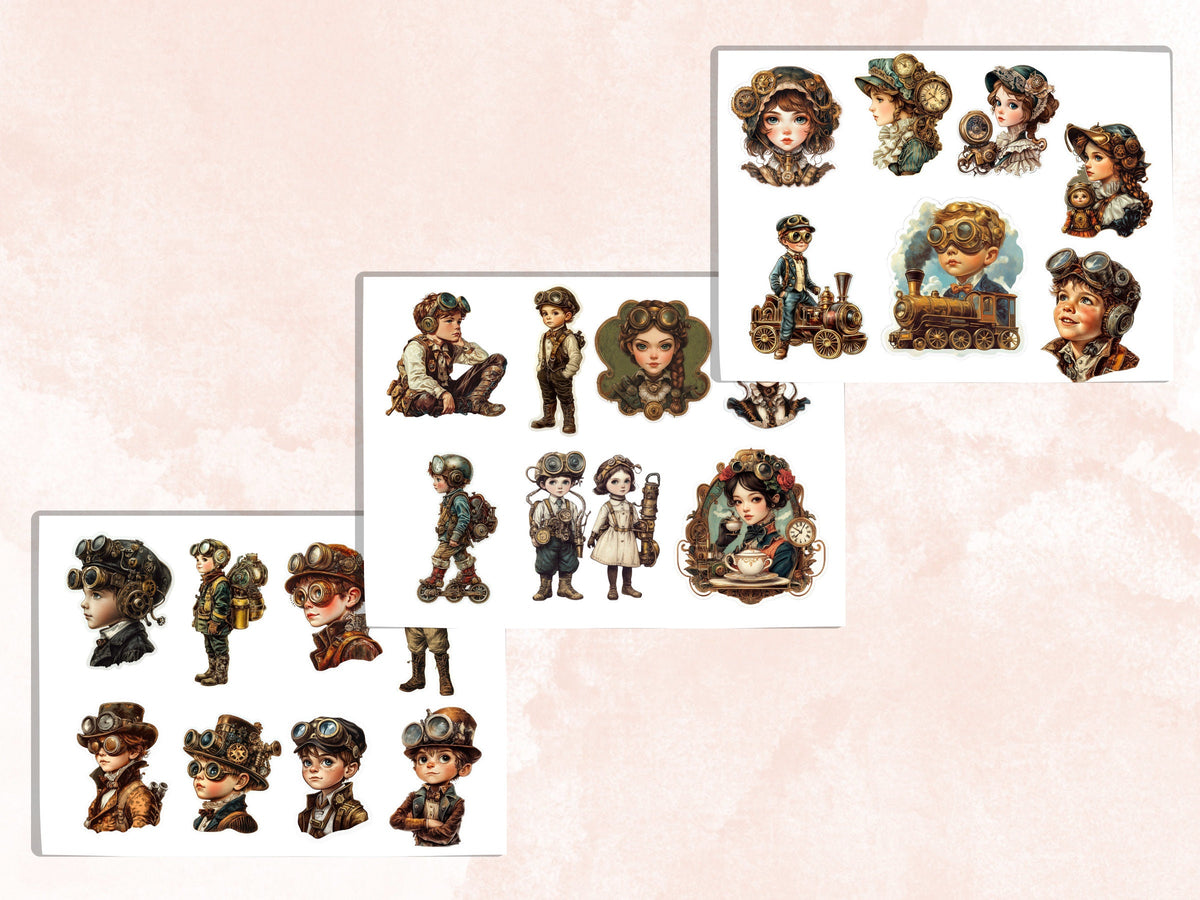 Whimsical Steampunk Kids Fussy Cut Pages, Vintage Kids Fussy Cut Ephemera Sheet, Steampunk Journal Add On Kit, Mixed Media Collage Sheet