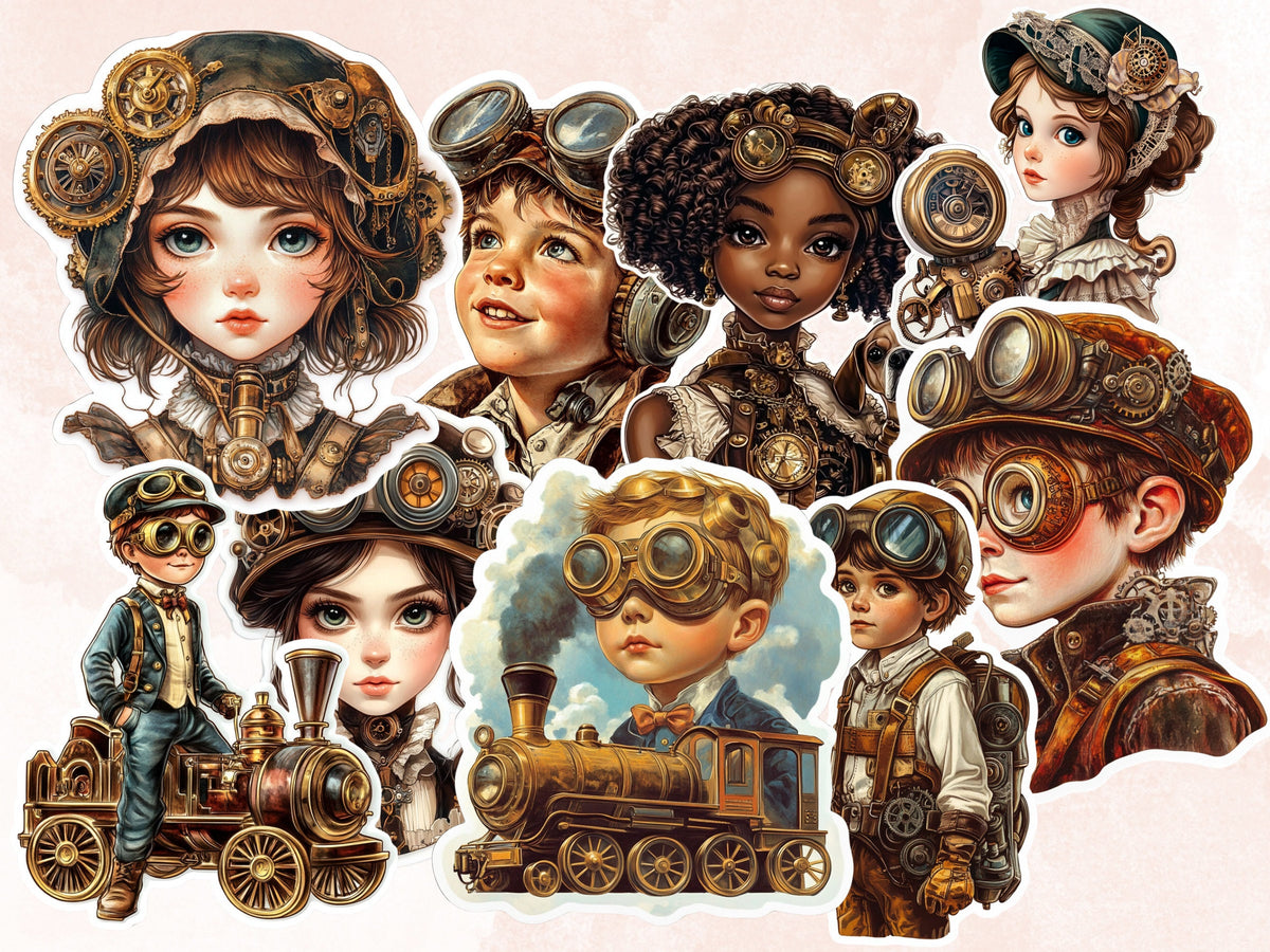 Whimsical Steampunk Kids Fussy Cut Pages, Vintage Kids Fussy Cut Ephemera Sheet, Steampunk Journal Add On Kit, Mixed Media Collage Sheet