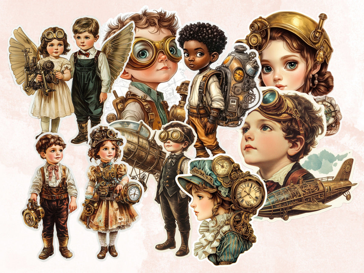 Whimsical Steampunk Kids Fussy Cut Pages, Vintage Kids Fussy Cut Ephemera Sheet, Steampunk Journal Add On Kit, Mixed Media Collage Sheet