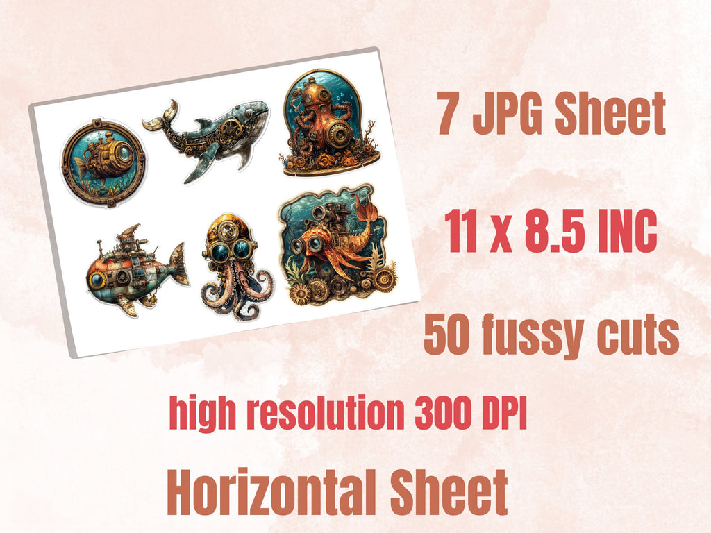 Steampunk Underwater Fussy Cut Pages, Vintage Ocean Fussy Cut Ephemera Sheet, Steampunk Sea Journal Add On Kit, Mixed Media Collage Sheet