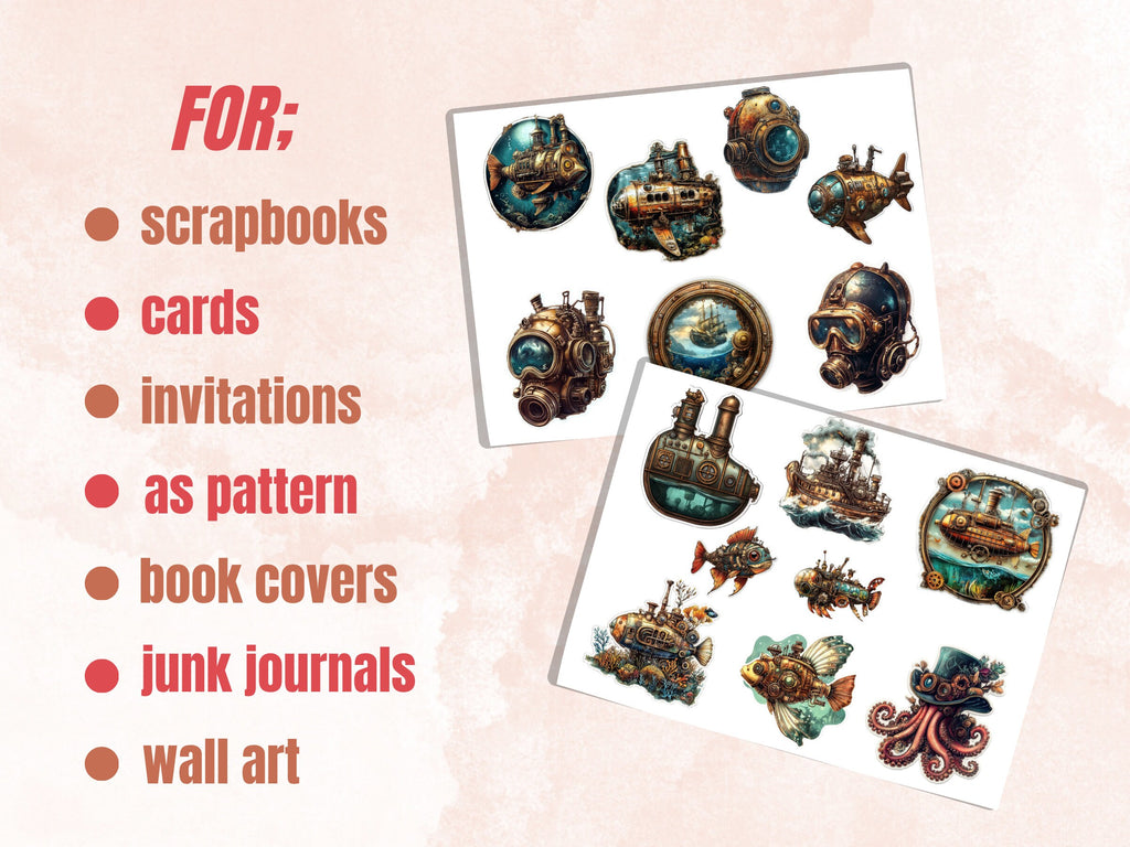 Steampunk Underwater Fussy Cut Pages, Vintage Ocean Fussy Cut Ephemera Sheet, Steampunk Sea Journal Add On Kit, Mixed Media Collage Sheet