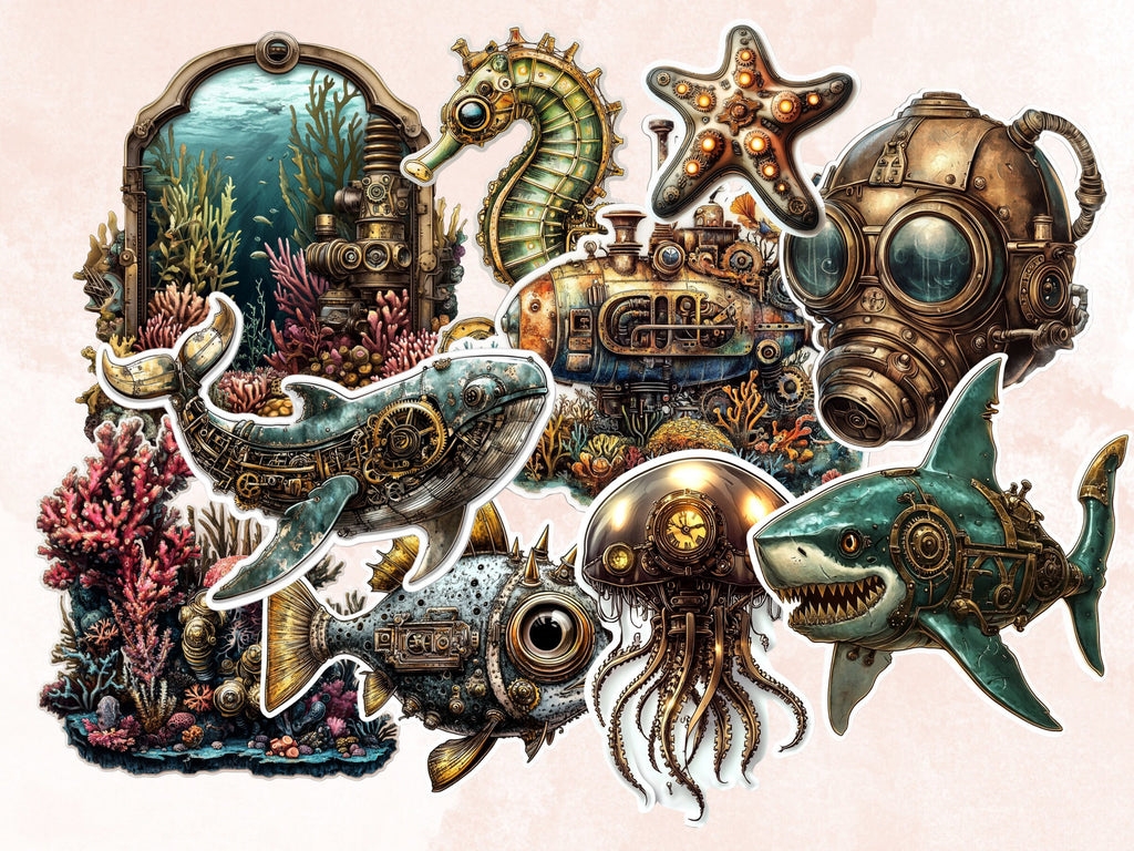 Steampunk Underwater Fussy Cut Pages, Vintage Ocean Fussy Cut Ephemera Sheet, Steampunk Sea Journal Add On Kit, Mixed Media Collage Sheet