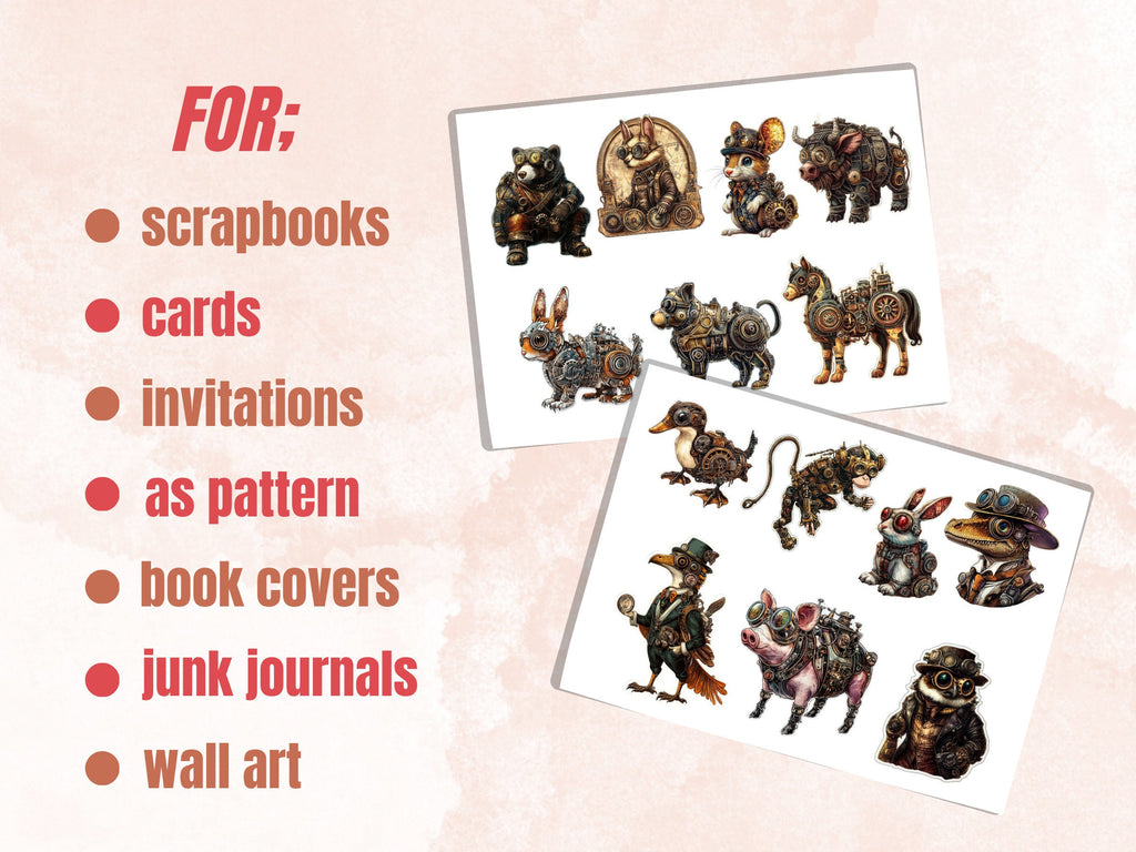 Steampunk Animals Fussy Cut Pages, Vintage Animal Fussy Cut Ephemera Sheet, Cute Steampunk Journal Add On Kit, Mixed Media Collage Sheet