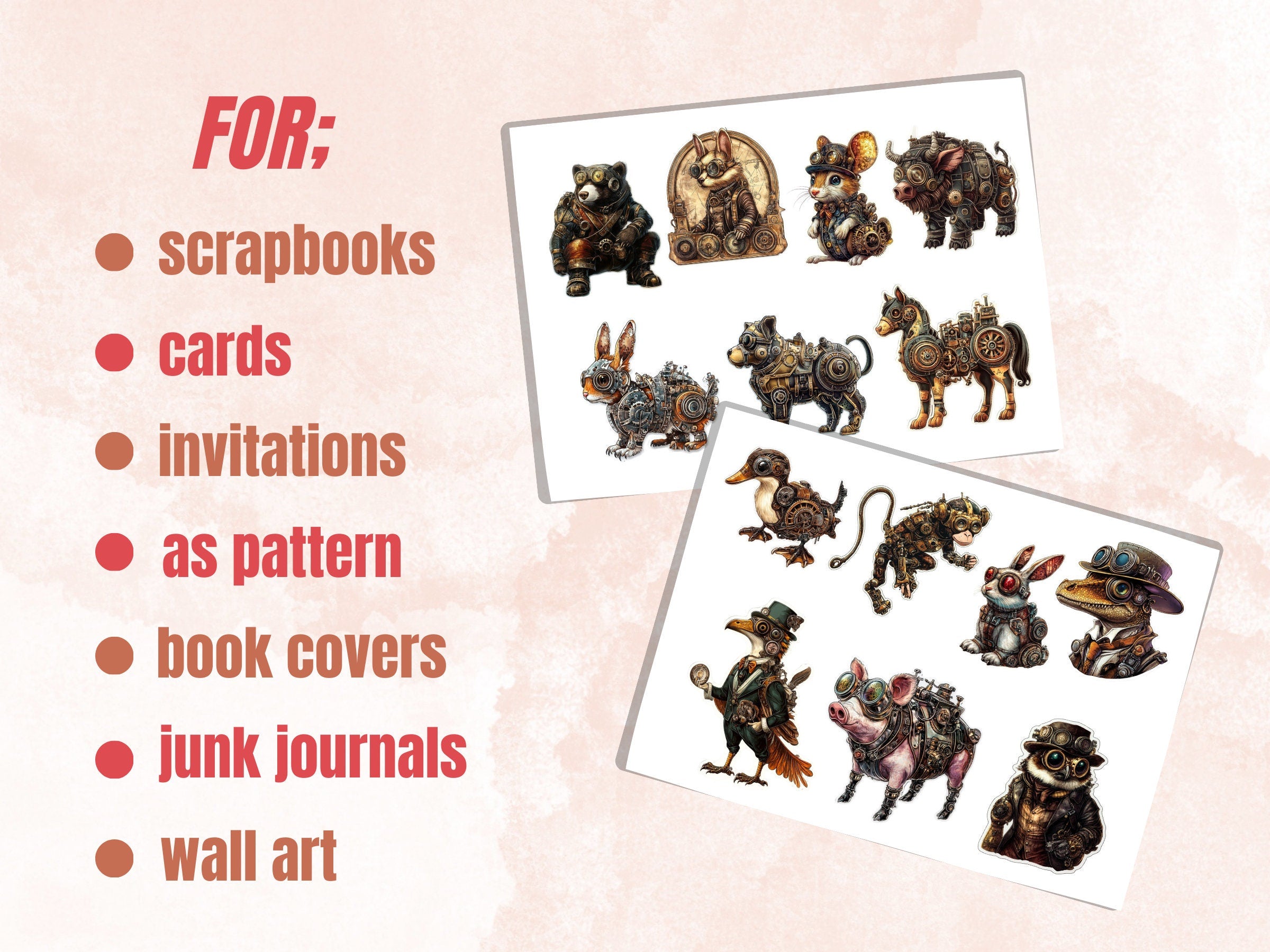 Steampunk Animals Fussy Cut Pages, Vintage Animal Fussy Cut Ephemera Sheet, Cute Steampunk Journal Add On Kit, Mixed Media Collage Sheet