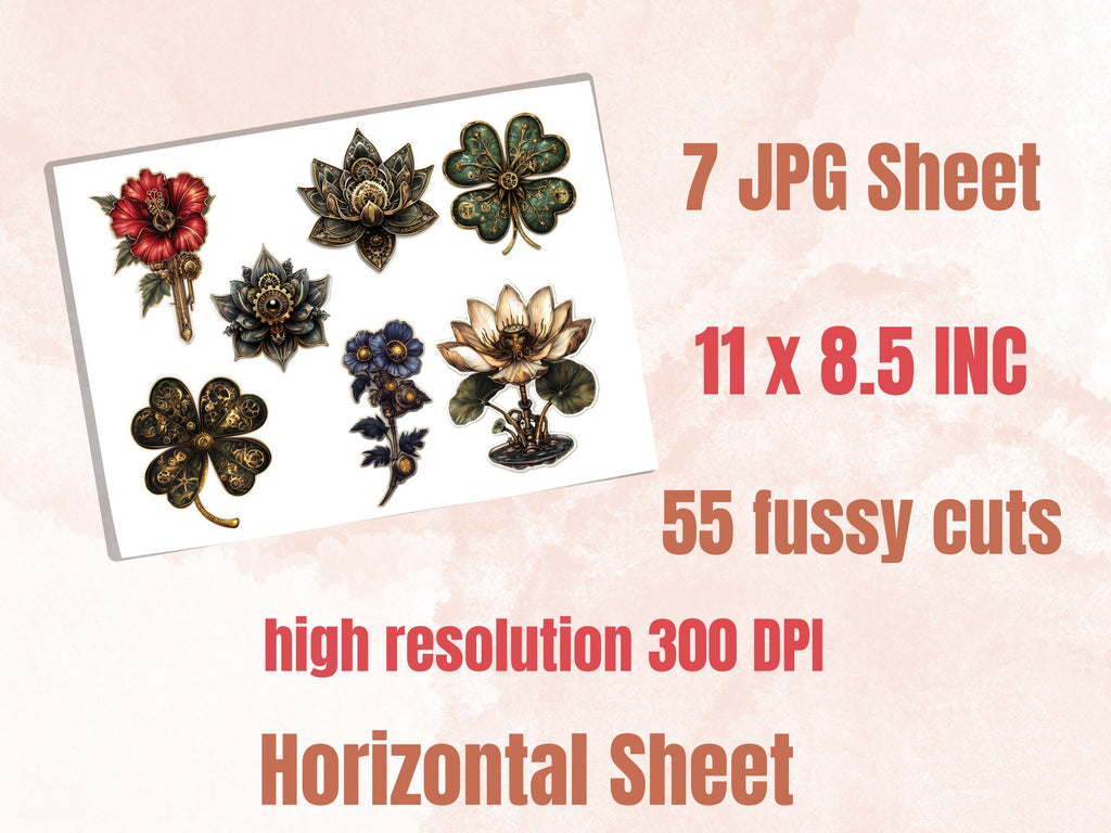 Steampunk Flowers Fussy Cut Pages, Vintage Flower Fussy Cut Ephemera Sheet, Floral Steampunk Journal Add On Kit, Mixed Media Collage Sheet