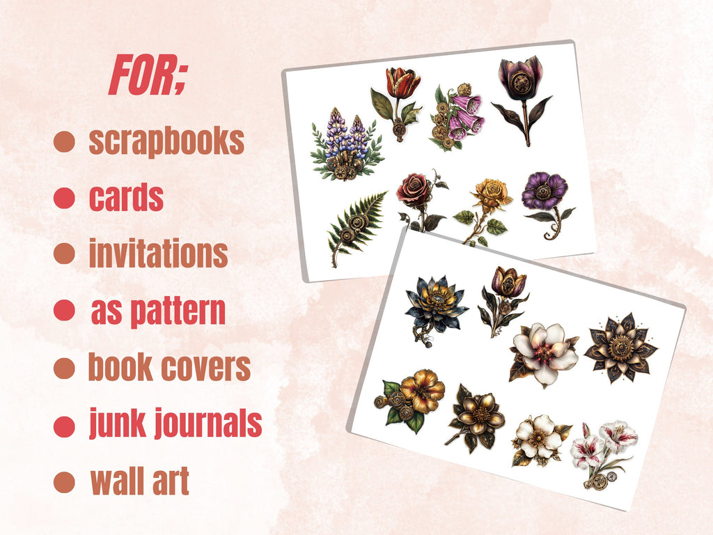 Steampunk Flowers Fussy Cut Pages, Vintage Flower Fussy Cut Ephemera Sheet, Floral Steampunk Journal Add On Kit, Mixed Media Collage Sheet
