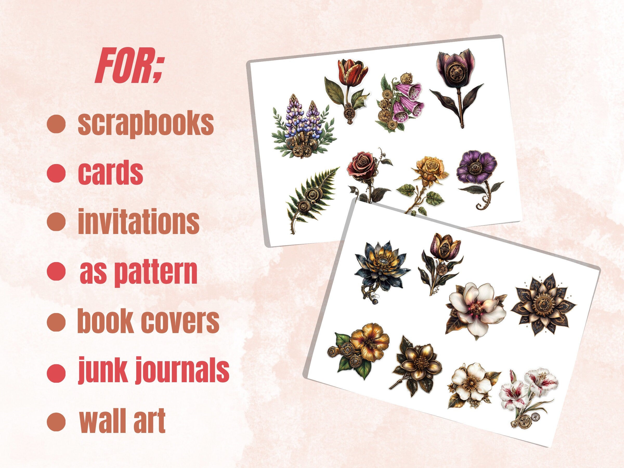 Steampunk Flowers Fussy Cut Pages, Vintage Flower Fussy Cut Ephemera Sheet, Floral Steampunk Journal Add On Kit, Mixed Media Collage Sheet
