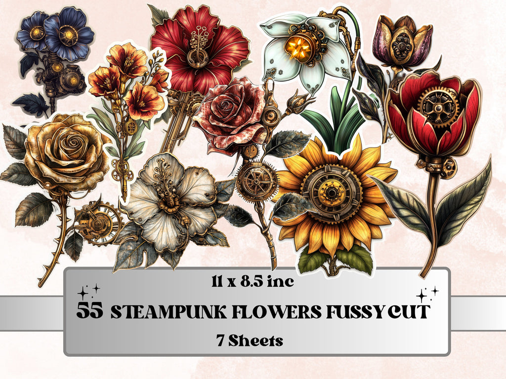 Steampunk Flowers Fussy Cut Pages, Vintage Flower Fussy Cut Ephemera Sheet, Floral Steampunk Journal Add On Kit, Mixed Media Collage Sheet