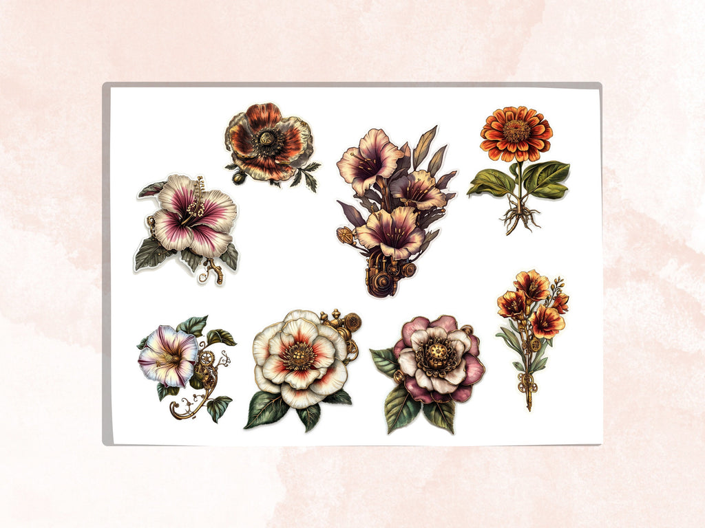 Steampunk Flowers Fussy Cut Pages, Vintage Flower Fussy Cut Ephemera Sheet, Floral Steampunk Journal Add On Kit, Mixed Media Collage Sheet