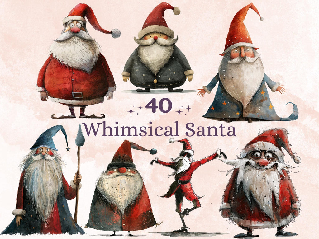 40 PNG Watercolor Whimsical Santa Clipart, Quirky Christmas Illustrations Clip art, Jolly Quirky Santa Claus png, Whimsical Xmas Sublimation