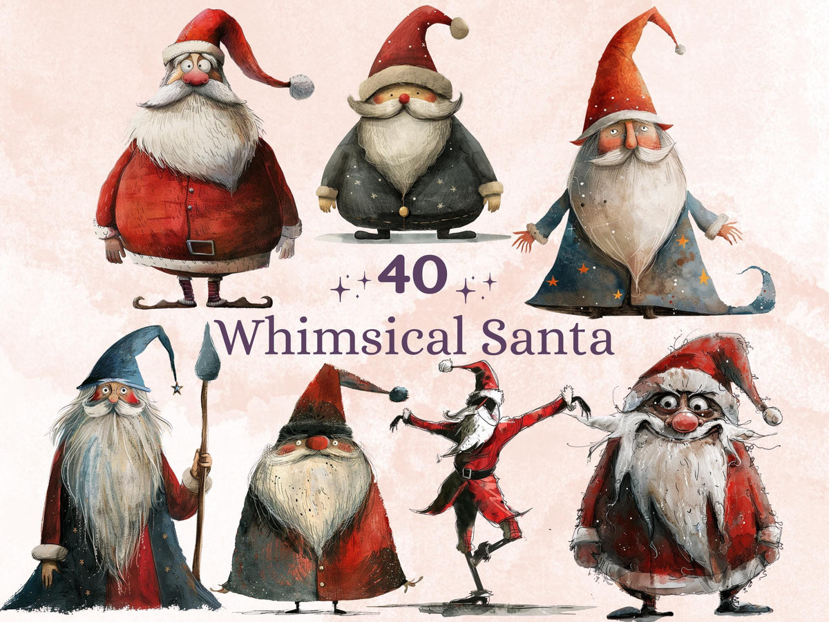 40 PNG Watercolor Whimsical Santa Clipart, Quirky Christmas Illustrations Clip art, Jolly Quirky Santa Claus png, Whimsical Xmas Sublimation