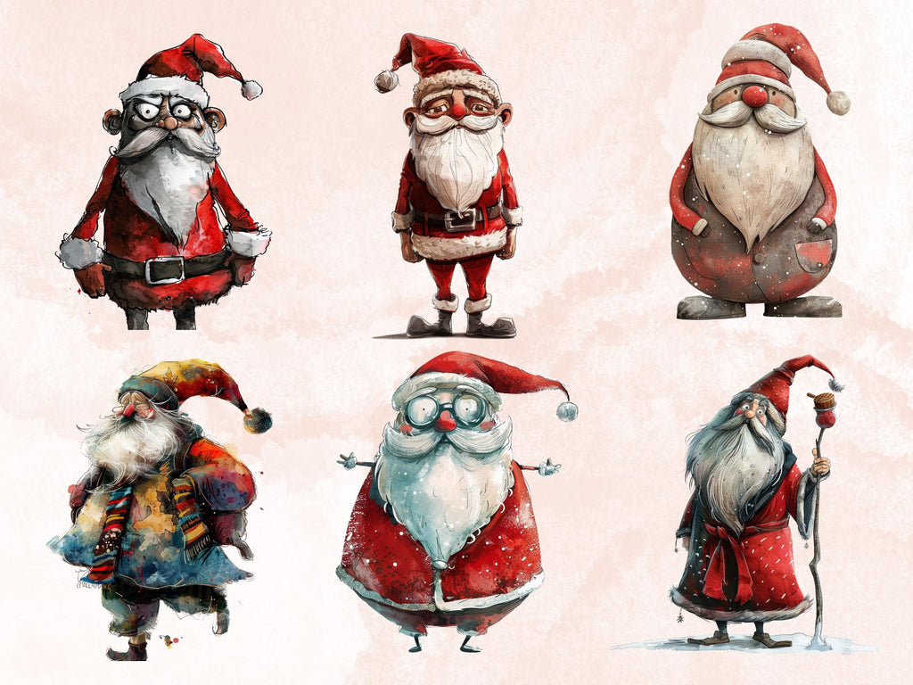 40 PNG Watercolor Whimsical Santa Clipart, Quirky Christmas Illustrations Clip art, Jolly Quirky Santa Claus png, Whimsical Xmas Sublimation