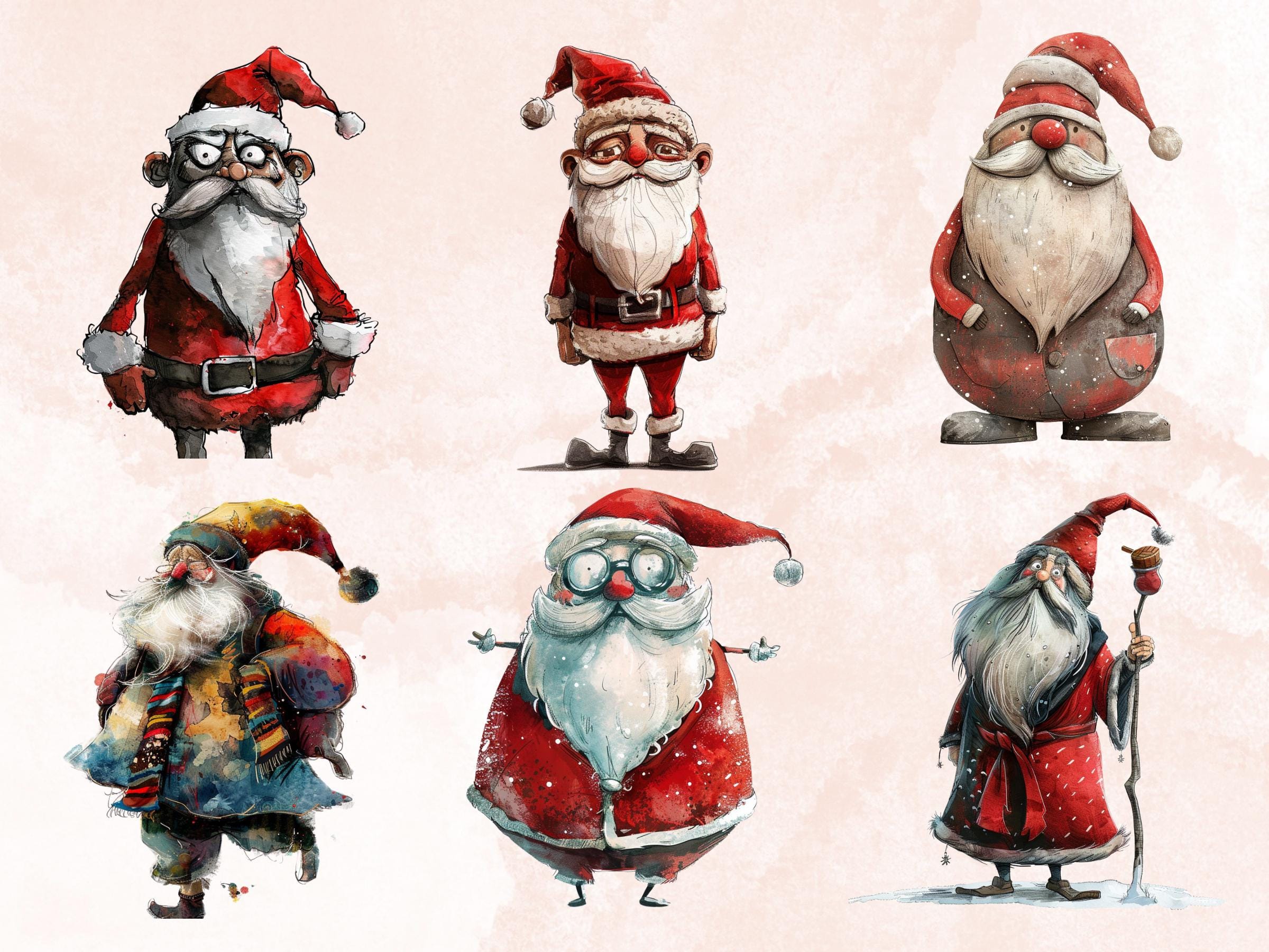 40 PNG Watercolor Whimsical Santa Clipart, Quirky Christmas Illustrations Clip art, Jolly Quirky Santa Claus png, Whimsical Xmas Sublimation