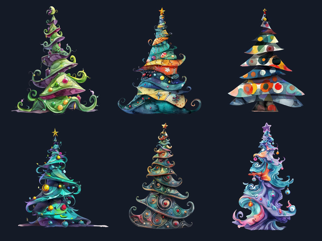 40 PNG Watercolor Whimsical Xmas Tree Clipart, Quirky Christmas Illustrations Clip art, Quirky Noel Tree png, Whimsical Xmas Sublimation