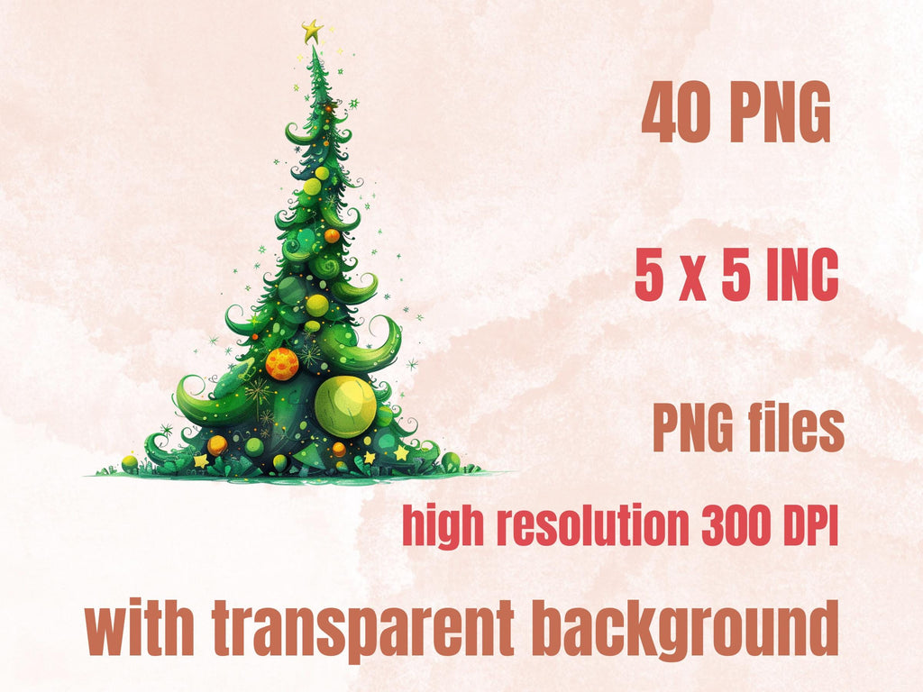 40 PNG Watercolor Whimsical Xmas Tree Clipart, Quirky Christmas Illustrations Clip art, Quirky Noel Tree png, Whimsical Xmas Sublimation