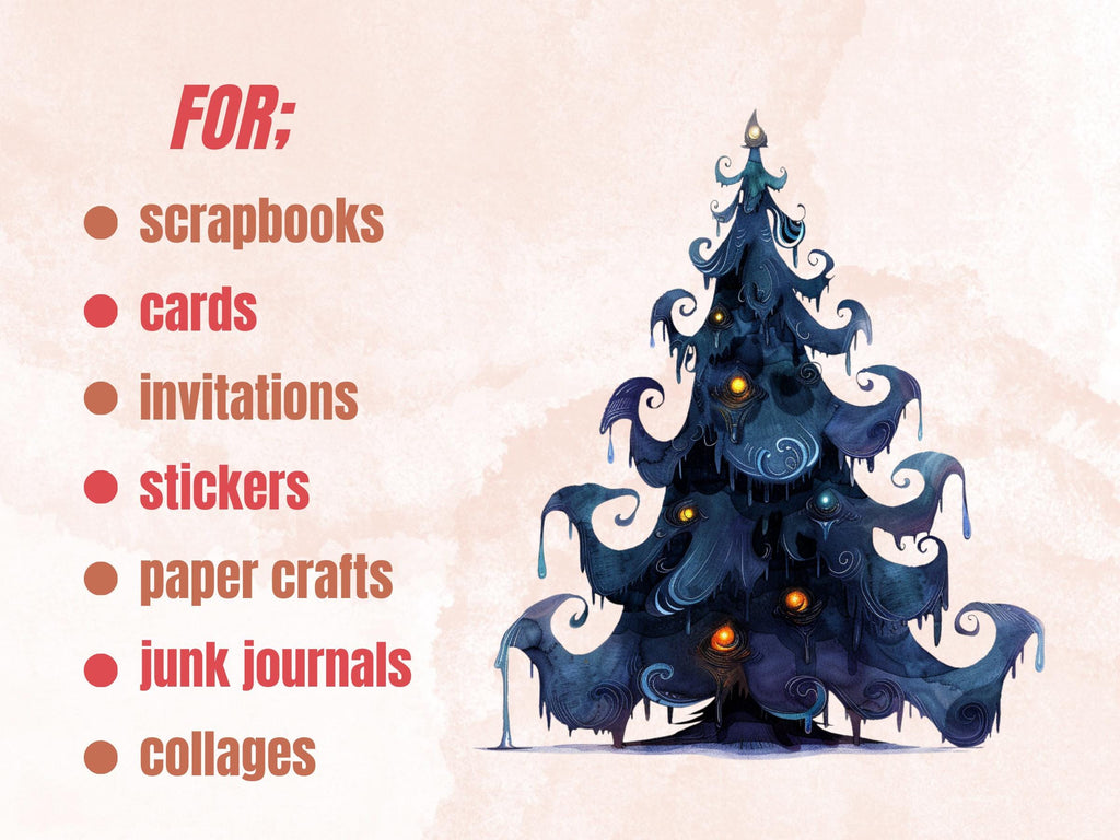 40 PNG Watercolor Whimsical Xmas Tree Clipart, Quirky Christmas Illustrations Clip art, Quirky Noel Tree png, Whimsical Xmas Sublimation