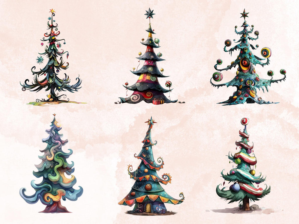 40 PNG Watercolor Whimsical Xmas Tree Clipart, Quirky Christmas Illustrations Clip art, Quirky Noel Tree png, Whimsical Xmas Sublimation