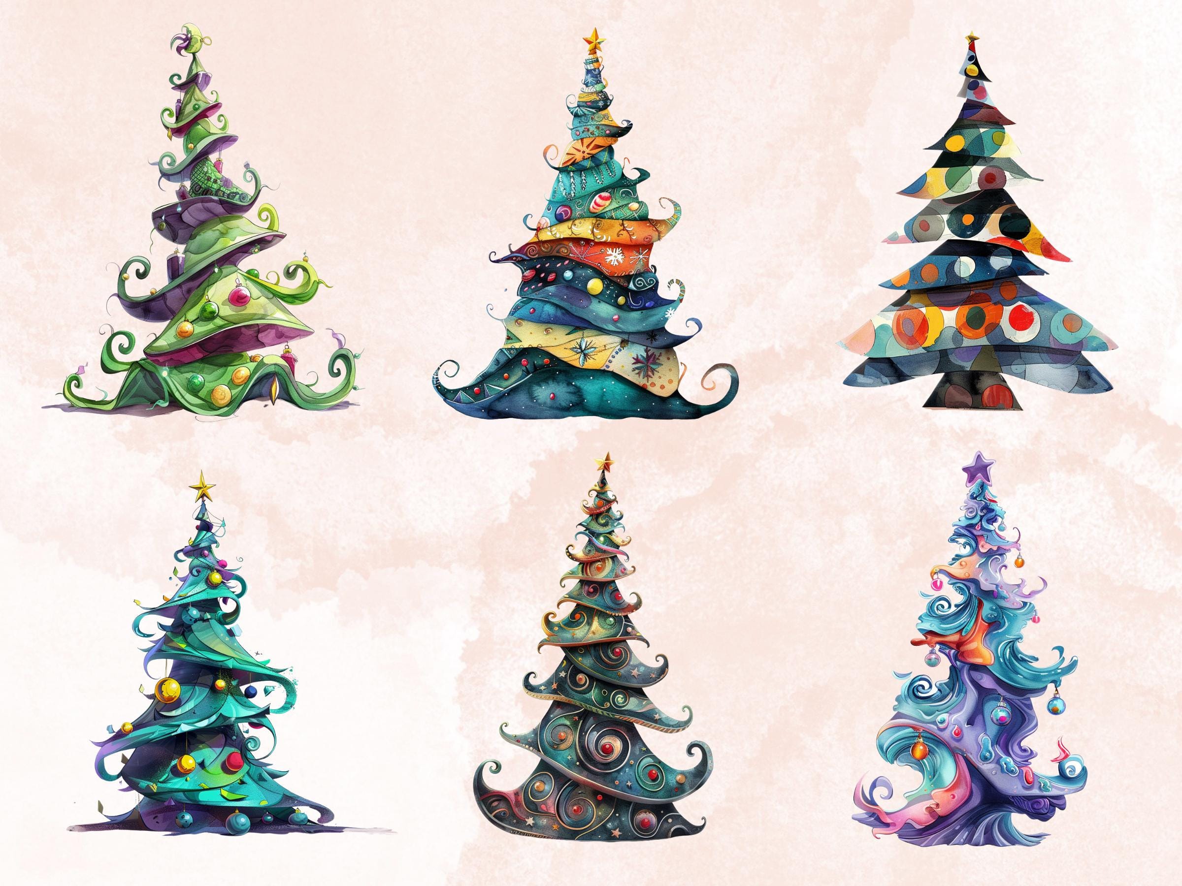 40 PNG Watercolor Whimsical Xmas Tree Clipart, Quirky Christmas Illustrations Clip art, Quirky Noel Tree png, Whimsical Xmas Sublimation
