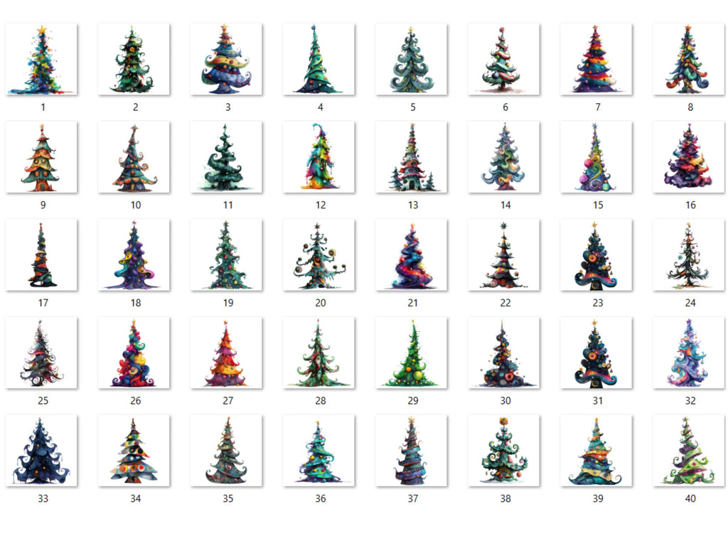 40 PNG Watercolor Whimsical Xmas Tree Clipart, Quirky Christmas Illustrations Clip art, Quirky Noel Tree png, Whimsical Xmas Sublimation