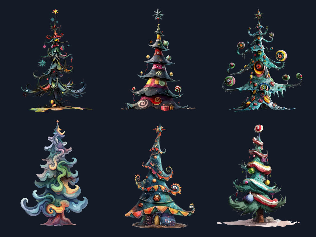 40 PNG Watercolor Whimsical Xmas Tree Clipart, Quirky Christmas Illustrations Clip art, Quirky Noel Tree png, Whimsical Xmas Sublimation