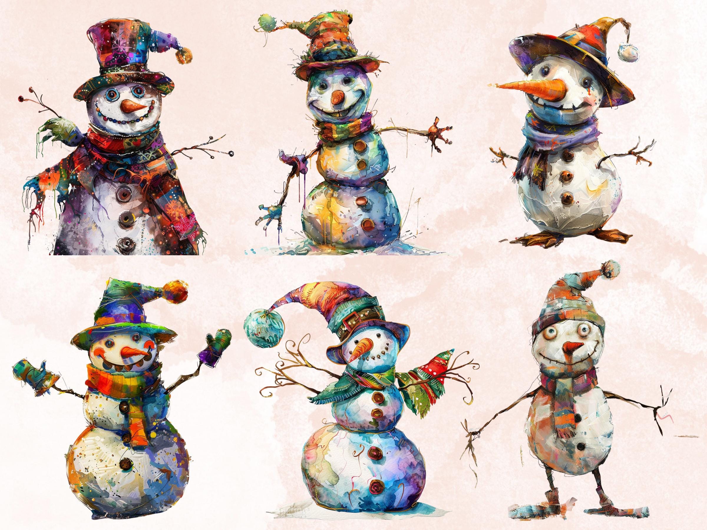 40 PNG Whimsical Snowman Clipart, Quirky Christmas Illustrations Clip art, Jolly Quirky Snowman png, Whimsical Winter Xmas Sublimation
