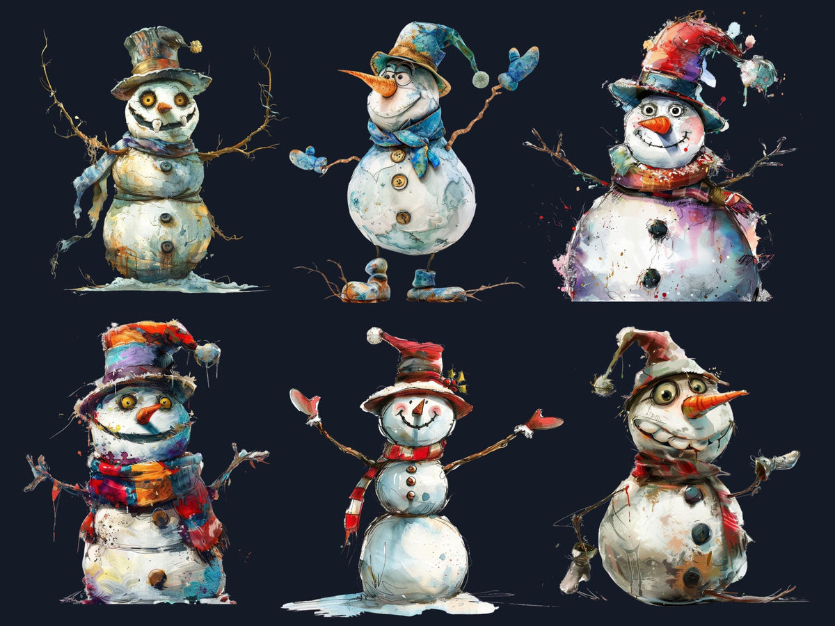 40 PNG Whimsical Snowman Clipart, Quirky Christmas Illustrations Clip art, Jolly Quirky Snowman png, Whimsical Winter Xmas Sublimation