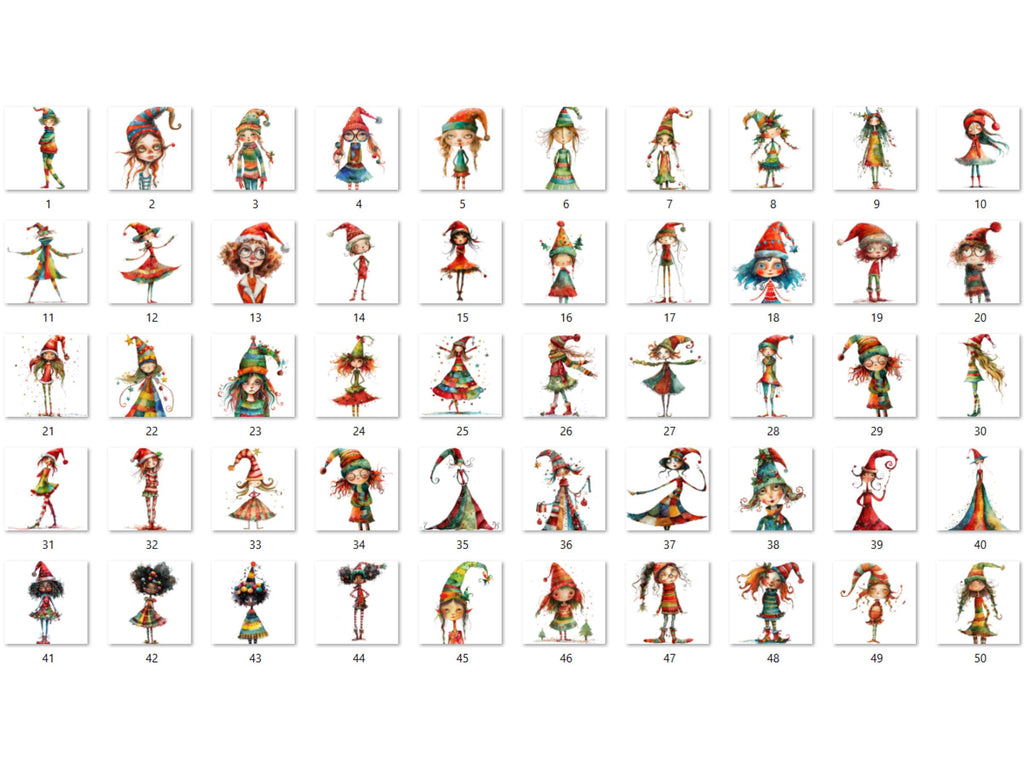 50 PNG Whimsical Christmas Girl Clipart, Quirky Xmas Girl Illustrations Clip art, Jolly Quirky Peculiar Girl png, Whimsical Elf Sublimation
