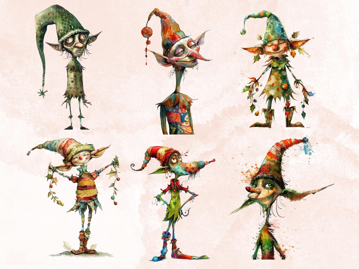 40 PNG Whimsical Christmas Elf Clipart, Quirky Xmas Elves Illustration Clip art, Jolly Quirky Peculiar People png, Whimsical Elf Sublimation