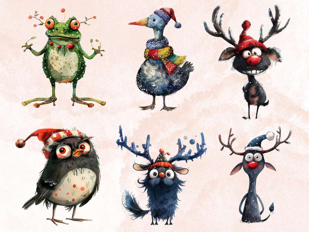 60 PNG Quirky Christmas Animals Clipart, Whimsical Christmas Illustrations Clip art, Quirky Animals Bundle png, Fantasy Xmas Sublimation