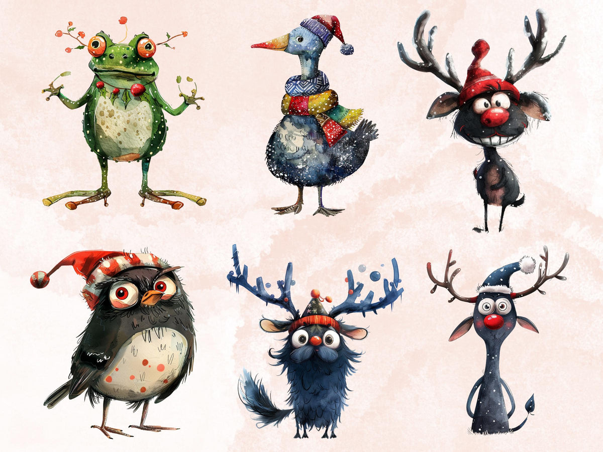60 PNG Quirky Christmas Animals Clipart, Whimsical Christmas Illustrations Clip art, Quirky Animals Bundle png, Fantasy Xmas Sublimation