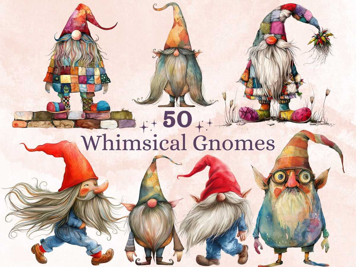 50 PNG Watercolor Whimsical Gnomes Clipart, Funny Quirky Gnome Illustrations Clip art, Cute Garden Gnome png, Cartoon Whimsical Sublimation
