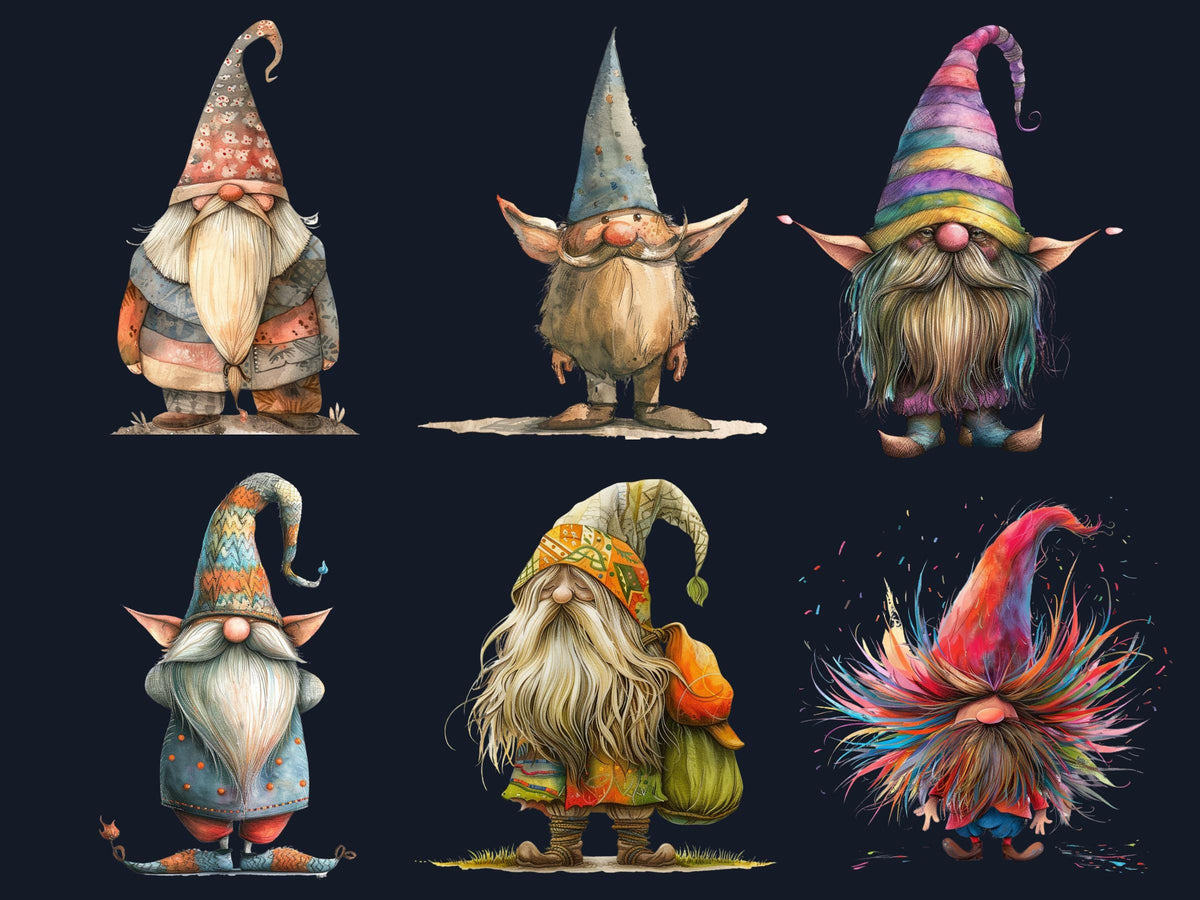 50 PNG Watercolor Whimsical Gnomes Clipart, Funny Quirky Gnome Illustrations Clip art, Cute Garden Gnome png, Cartoon Whimsical Sublimation