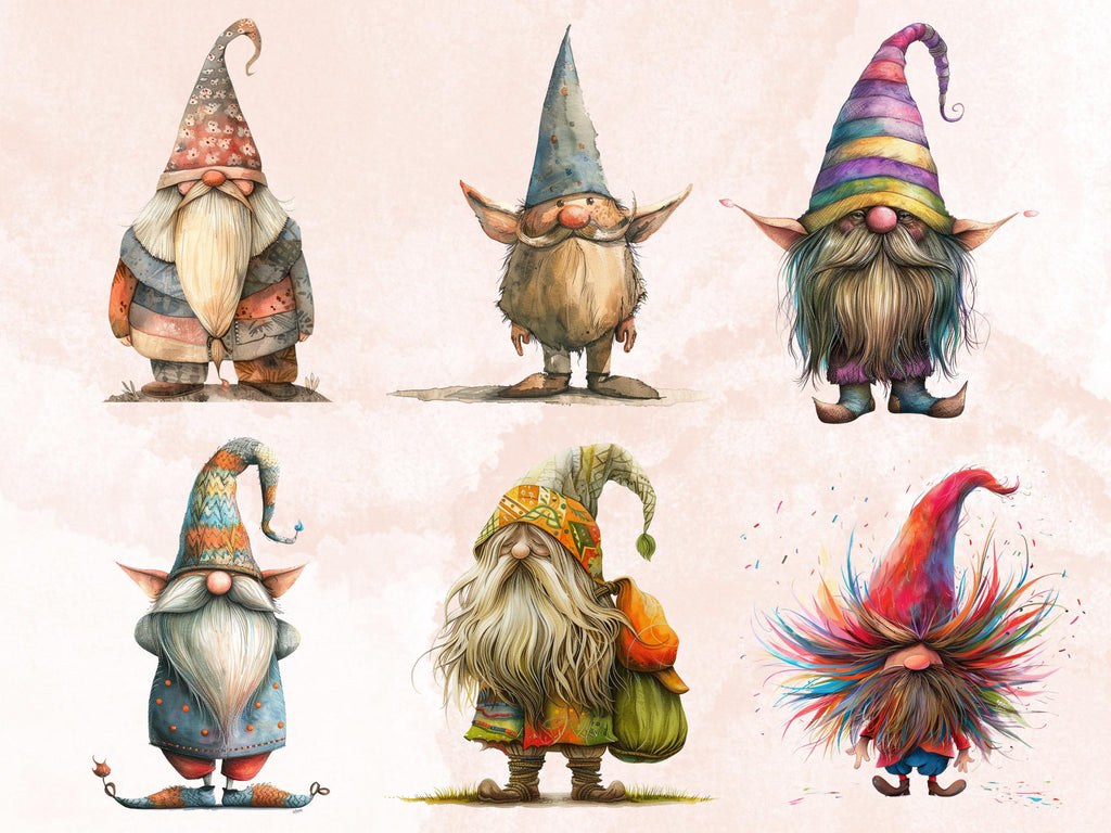 50 PNG Watercolor Whimsical Gnomes Clipart, Funny Quirky Gnome Illustrations Clip art, Cute Garden Gnome png, Cartoon Whimsical Sublimation