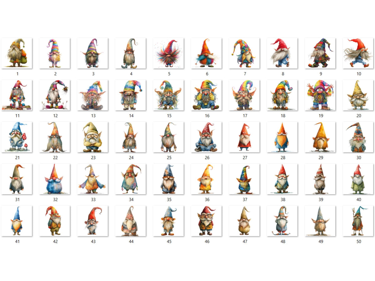 50 PNG Watercolor Whimsical Gnomes Clipart, Funny Quirky Gnome Illustrations Clip art, Cute Garden Gnome png, Cartoon Whimsical Sublimation