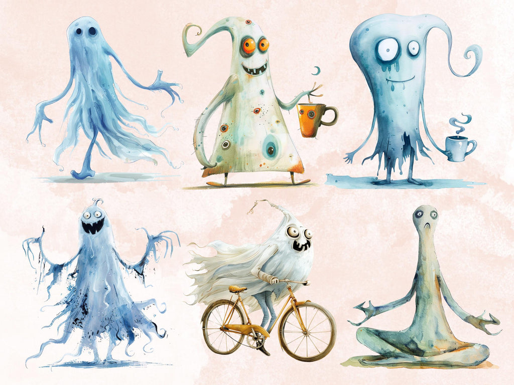 40 PNG Watercolor Quirky Ghost Clipart, Funny Whimsical Ghost Illustrations Clip art, Cute Creepy Ghost png, Spooky Whimsical Sublimation