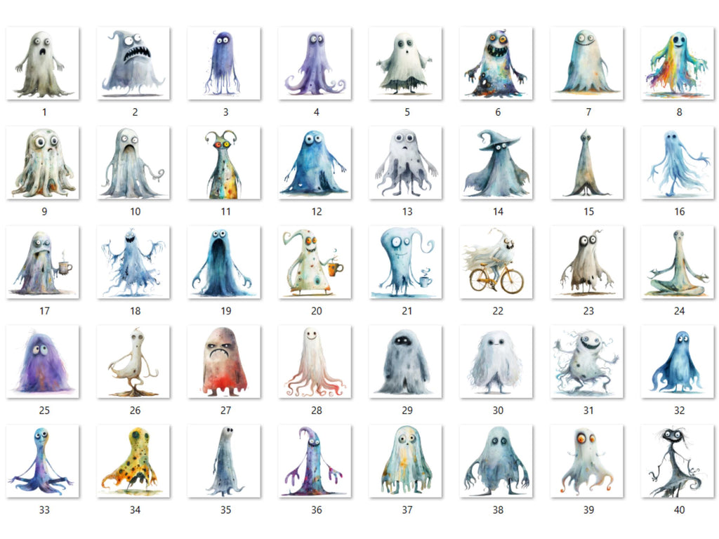 40 PNG Watercolor Quirky Ghost Clipart, Funny Whimsical Ghost Illustrations Clip art, Cute Creepy Ghost png, Spooky Whimsical Sublimation