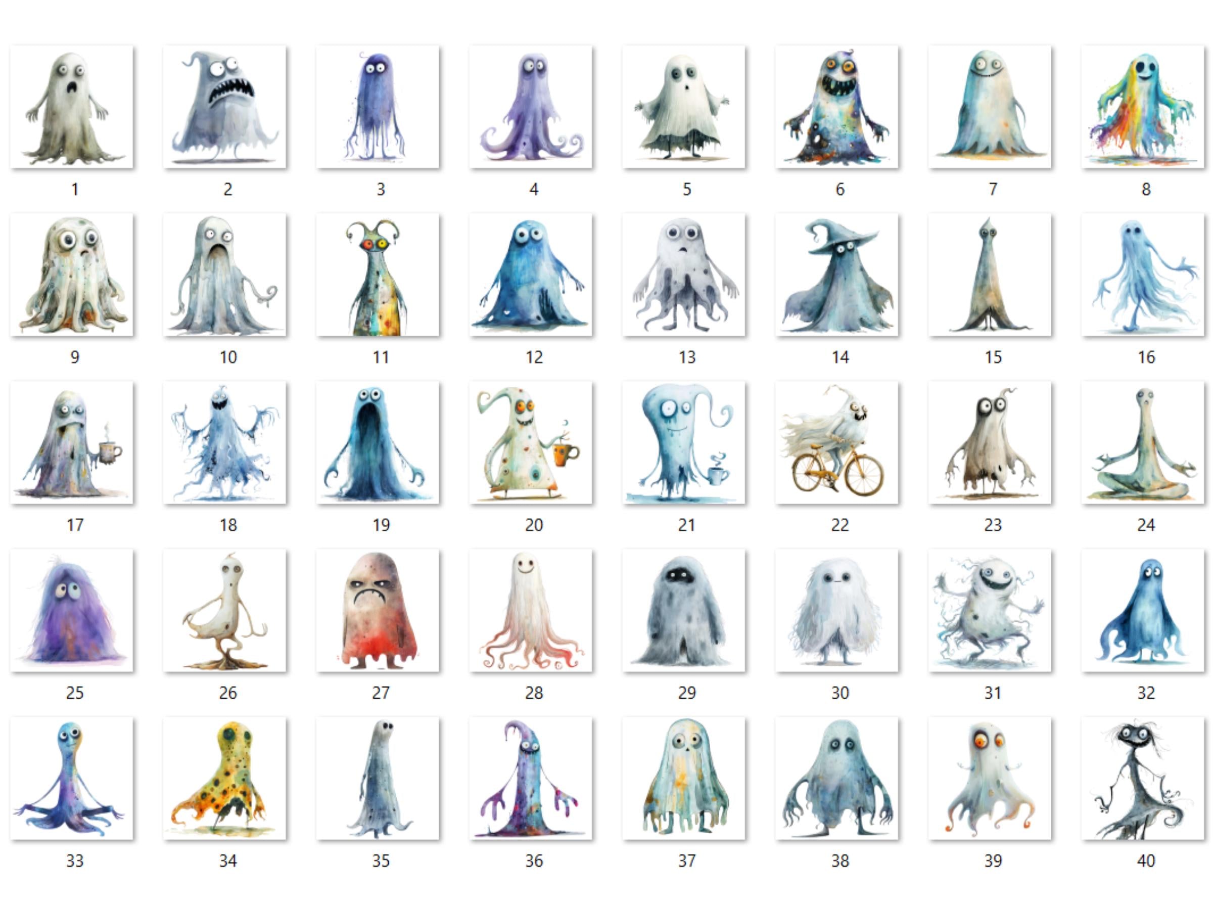 40 PNG Watercolor Quirky Ghost Clipart, Funny Whimsical Ghost Illustrations Clip art, Cute Creepy Ghost png, Spooky Whimsical Sublimation