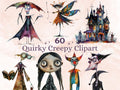 60 PNG Watercolor Quirky Creepy Clipart, Gothic Whimsical Girl Illustrations Clip art, Cute Creepy png, Spooky Scary Whimsical Sublimation