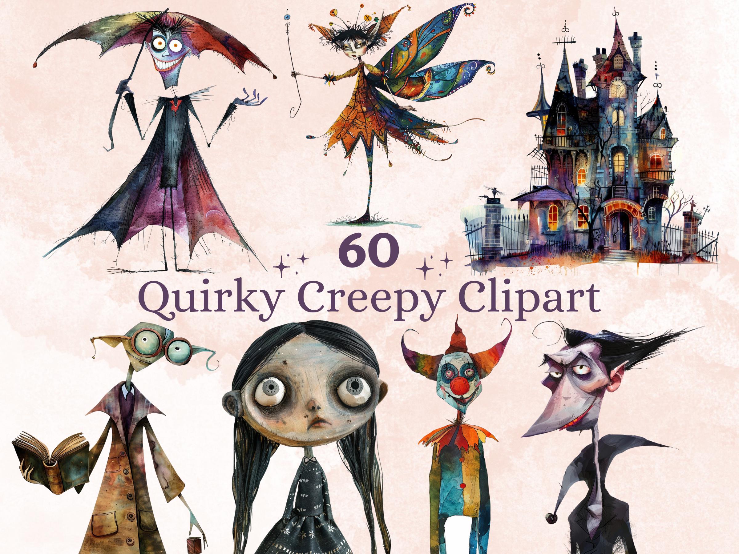 60 PNG Watercolor Quirky Creepy Clipart, Gothic Whimsical Girl Illustrations Clip art, Cute Creepy png, Spooky Scary Whimsical Sublimation