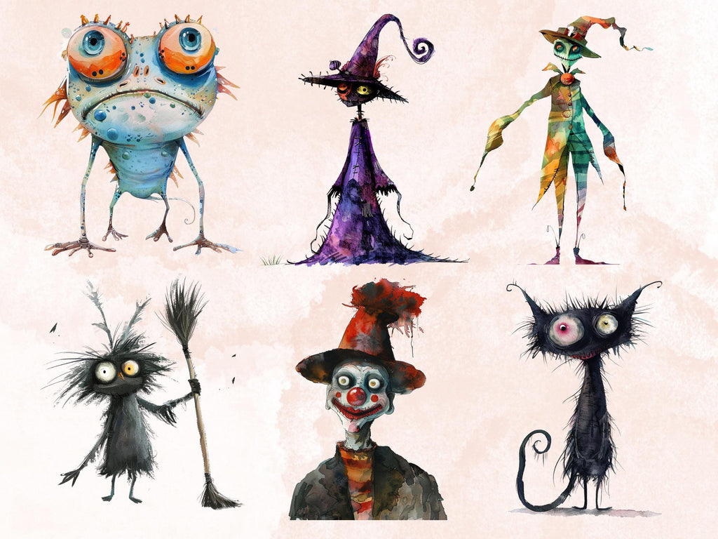 60 PNG Watercolor Quirky Creepy Clipart, Gothic Whimsical Girl Illustrations Clip art, Cute Creepy png, Spooky Scary Whimsical Sublimation